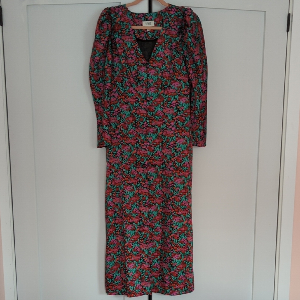 J. Crew Red and Blue Maxi Dress with Puff Sleeves